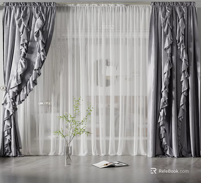 Gray Ruffled Curtains With White Sheer Panels In Living Room Interior 3d model 