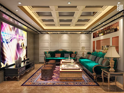Luxurious KTV Lounge With Large Screen Green Sofas Coffee Table And Wine Racks 3d model