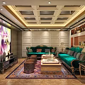 Luxurious KTV Lounge With Large Screen Green Sofas Coffee Table And Wine Racks