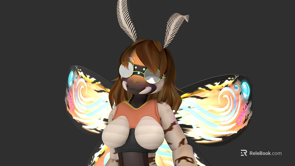 Flying Butterfly Character With Brown Hair Glasses Orange Top And Colorful Patterned Glowing Wings 3d model 