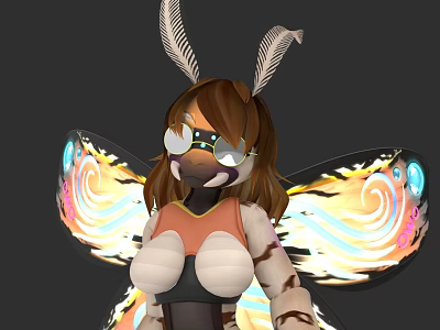 Flying Butterfly Character With Brown Hair Glasses Orange Top And Colorful Patterned Glowing Wings 3d model
