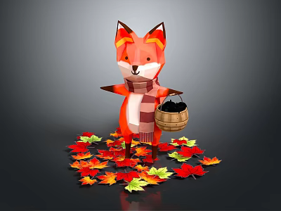 Cartoon Orange Fox Character Wearing Checkered Scarf Holding Wooden Bucket Surrounded by Colorful Maple Leaves 3d model