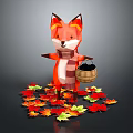Cartoon Orange Fox Character Wearing Checkered Scarf Holding Wooden Bucket Surrounded by Colorful Maple Leaves