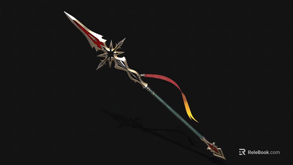Ornate Spear with Red Gold Star Shaped Accents Colorful Ribbon and Green Shaft Design 3d model 
