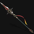 Ornate Spear with Red Gold Star Shaped Accents Colorful Ribbon and Green Shaft Design