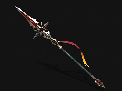 Ornate Spear with Red Gold Star Shaped Accents Colorful Ribbon and Green Shaft Design 3d model