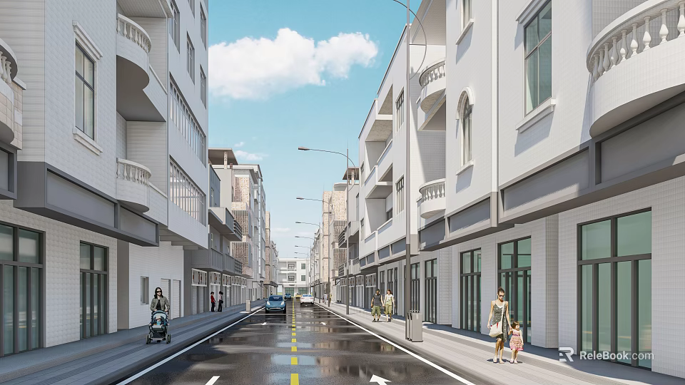 Clean Municipal Road With White Buildings Balconies Pedestrians Cars And Blue Sky 3d model 