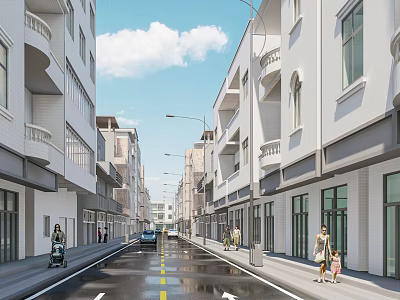 Clean Municipal Road With White Buildings Balconies Pedestrians Cars And Blue Sky 3d model
