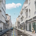 Clean Municipal Road With White Buildings Balconies Pedestrians Cars And Blue Sky