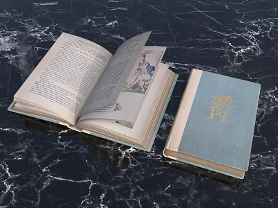 Open Book With Text And Illustrations And Closed Blue Hardcover With Gold Design And P 3d model