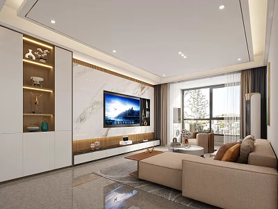 Modern Living Room Interior With TV Wall Beige Sofa Decorative Shelves And Large Window 3d model
