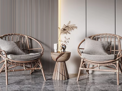 Modern Minimalist Wicker Table and Chair Set with Round Chairs Gray Cushions Small Round Table 3d model