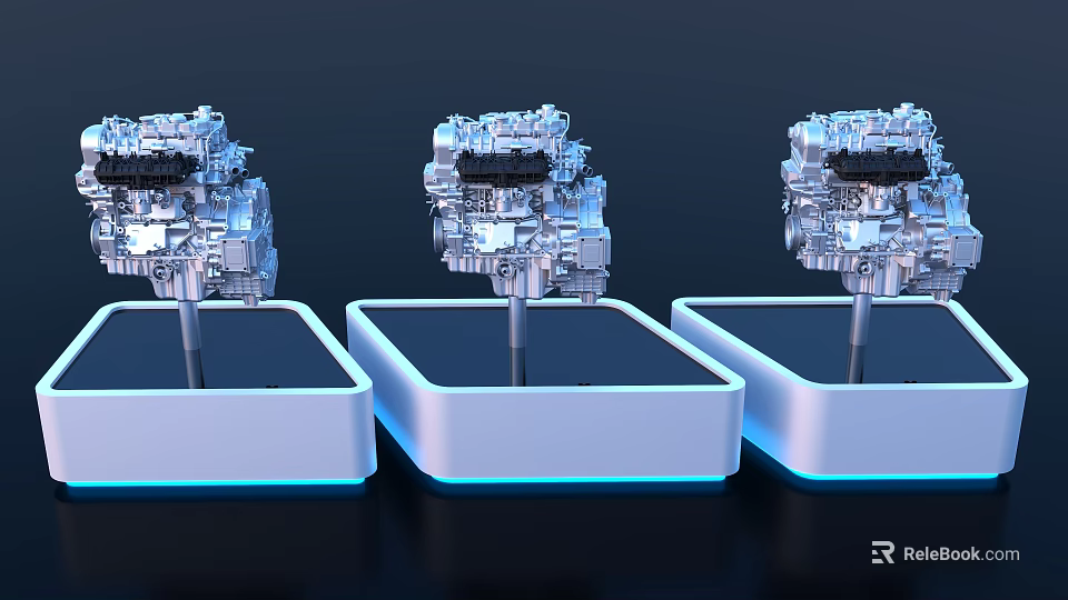 Three Modern Engine Models On White Bases With Blue Light Effects And Dark Background 3d model 