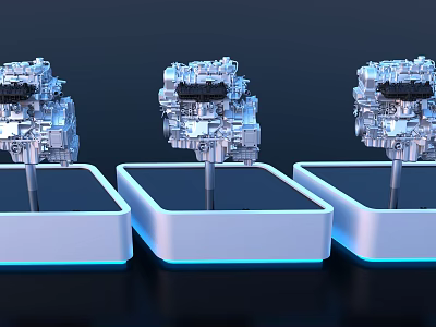 Three Modern Engine Models On White Bases With Blue Light Effects And Dark Background 3d model