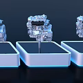 Three Modern Engine Models On White Bases With Blue Light Effects And Dark Background