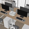 Modern Office Desk Workspace With Multiple Computer Monitors Printer And Office Chairs 3d model