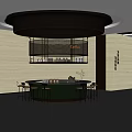 Sales Office Interior With Green Circular Bar Counter COFFEE Sign Metal Structure And Bar Stools