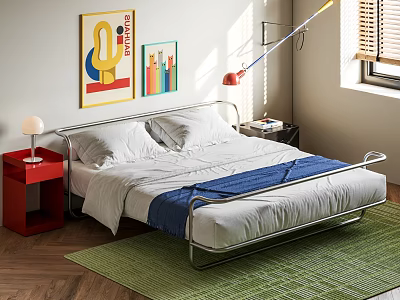 Modern Bedroom With Metal Frame Bed White Sheets Blue Blanket Red Nightstand And Green Rug 3d model