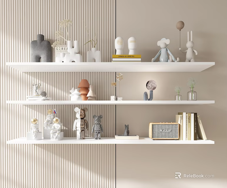 Stylish Decorative Ornament Set On White Shelves With Various Figurines And Mini Sculptures 3d model 