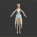 Anime Style Blonde Female Character with Cat Ears in Blue White Outfit and Flowing Sleeves