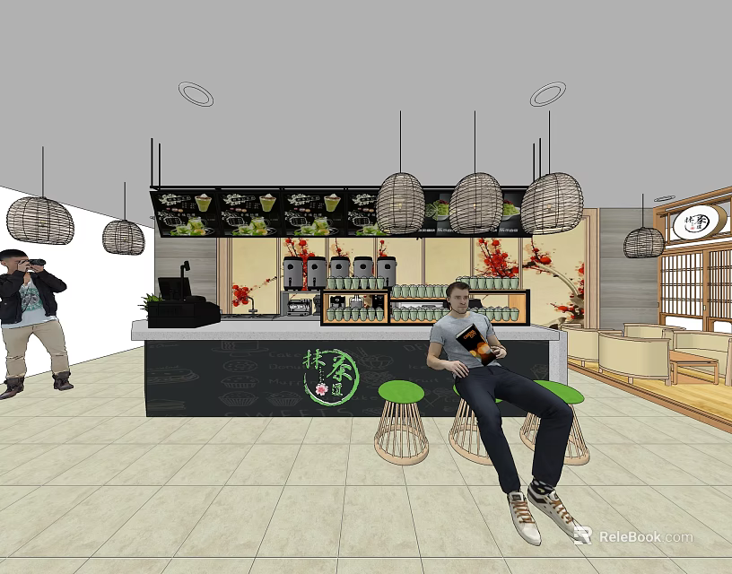 Modern Milk Tea Shop Interior With Cozy Counter Seating And Decorative Plants 3d model 