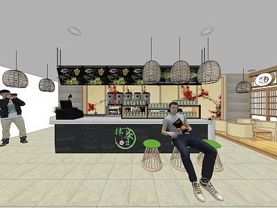 Modern Milk Tea Shop Interior With Cozy Counter Seating And Decorative Plants 3d model