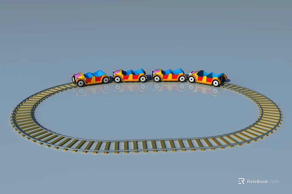 Colorful Toy Train with Red Blue Carriages Moving on Circular Track 3d model 