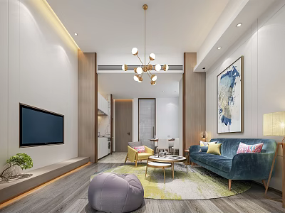 Modern Apartment Living Room Interior With Blue Sofa TV Chandelier Colorful Rug And Artwork 3d model