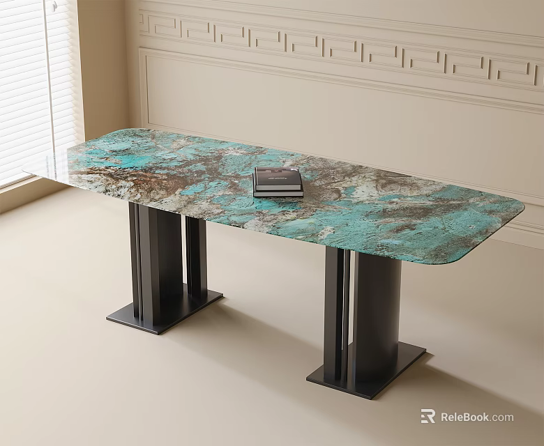 Dining Table with Turquoise Marble Pattern Top Black Metal Legs Featuring Black Book on Surface 3d model 