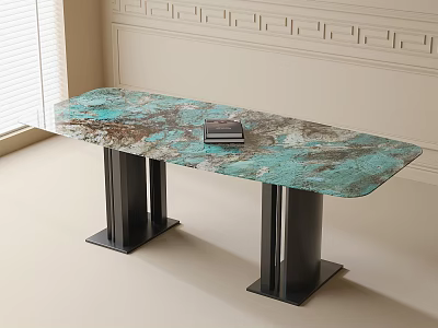 Dining Table with Turquoise Marble Pattern Top Black Metal Legs Featuring Black Book on Surface 3d model
