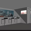 Car Exhibition Display Shelves Featuring Cadillac Models And High Stools With Scenic Backdrop