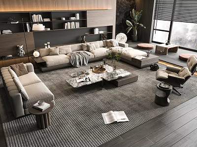 Modern Living Room Sofa Coffee Table Set With Beige L shaped Sofa Marble Top Table And Area Rug 3d model