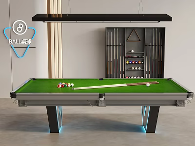 Modern Billiard Table Green Felt Surface with Balls Cue Stick Storage Cabinet Overhead Shelf 3d model