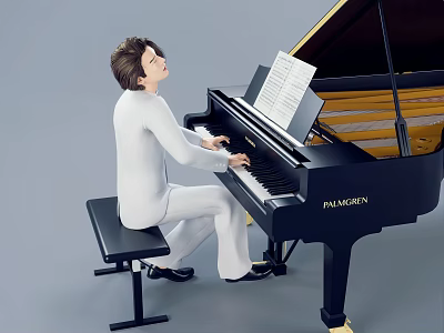 Man In White Clothing Playing Black Piano With Music Sheet On Gray Background 3d model