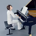 Man In White Clothing Playing Black Piano With Music Sheet On Gray Background