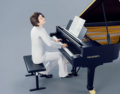 Man In White Clothing Playing Black Piano With Music Sheet On Gray Background 3d model Man In White Clothing Playing Black Piano With Music Sheet On Gray Background 3d model