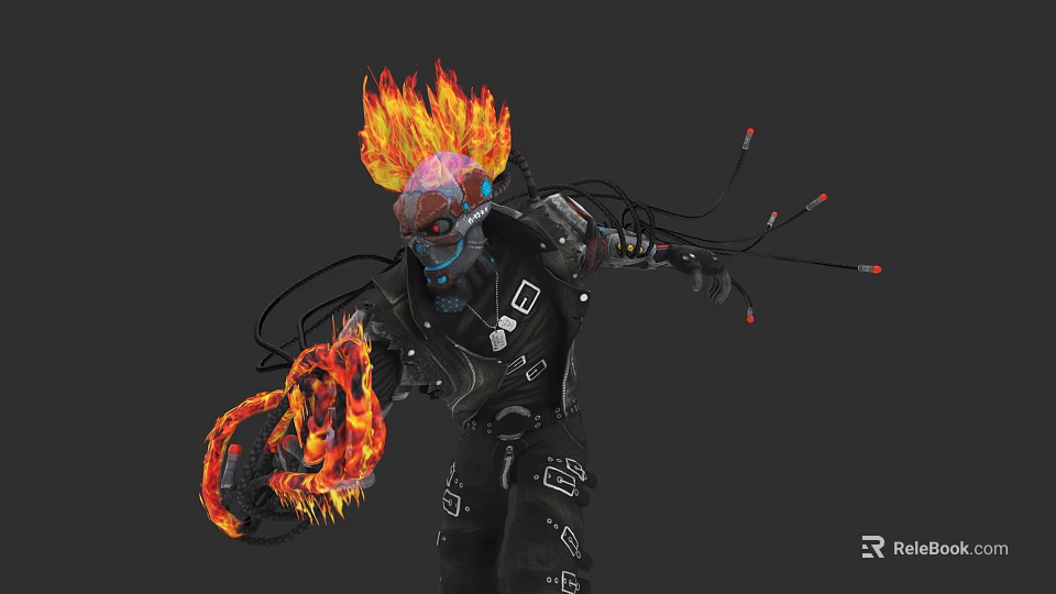 Detailed Game Movie Character With Flaming Head Mechanical Body And Flaming Arm 3d model 