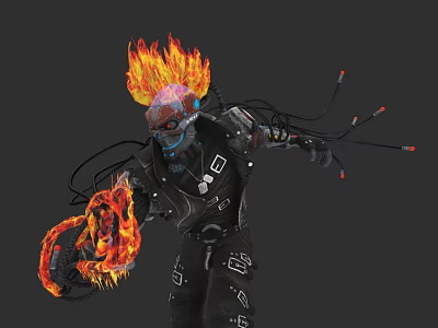 Detailed Game Movie Character With Flaming Head Mechanical Body And Flaming Arm 3d model