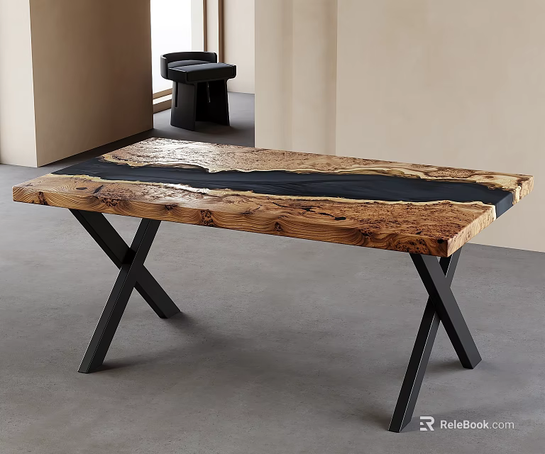 Contemporary Wooden Dining Table With Natural Edge Top And Black Metal X Legs Design 3d model 