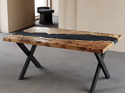 Contemporary Wooden Dining Table With Natural Edge Top And Black Metal X Legs Design 3d model