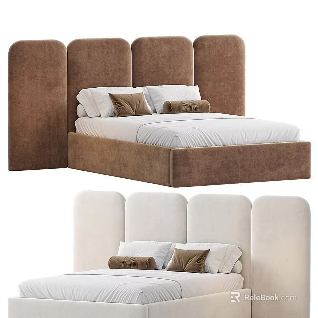 Double Bed With Upholstered Headboard Brown And White Design White Sheets And Pillows 3d model 