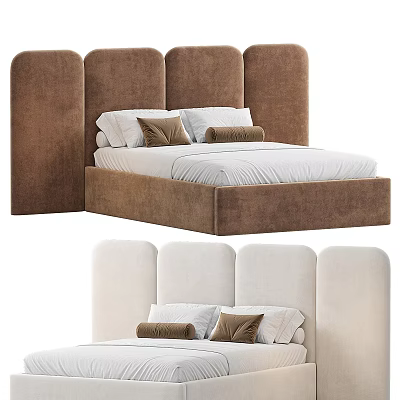 Double Bed With Upholstered Headboard Brown And White Design White Sheets And Pillows 3d model
