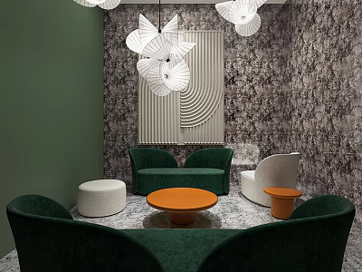 Modern Cozy Lounge Area With Green Sofas Round Coffee Table And White Pendant Lights 3d model