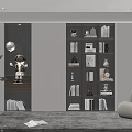 Modern Bookshelf in Living Room with White Gray Cabinets Books Decorations Sofa and Plant