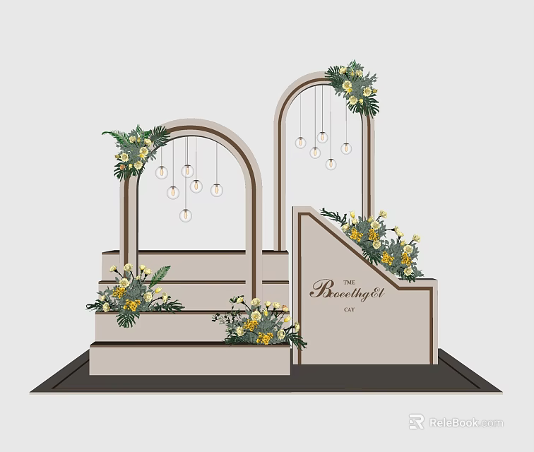Floral Installation Featuring Arched Structures Hanging Lights Greenery And Yellow Flowers 3d model