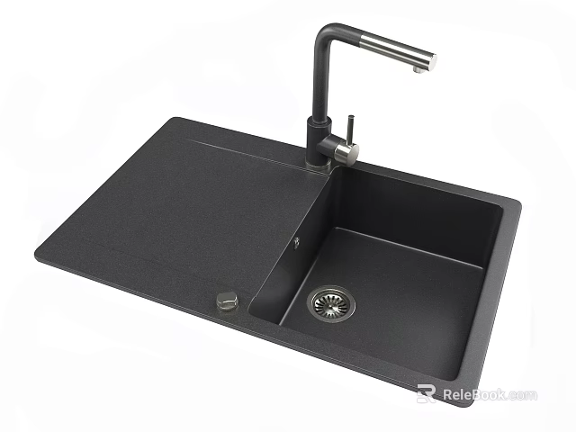 Black Single Bowl Kitchen Sink With Modern Faucet And Integrated Countertop 3d model 