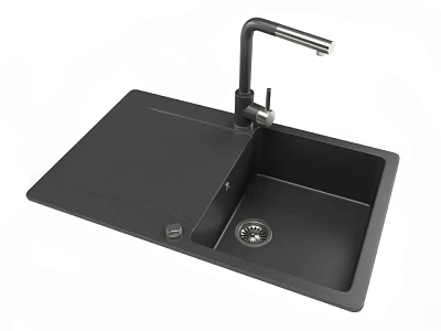 Black Single Bowl Kitchen Sink With Modern Faucet And Integrated Countertop 3d model
