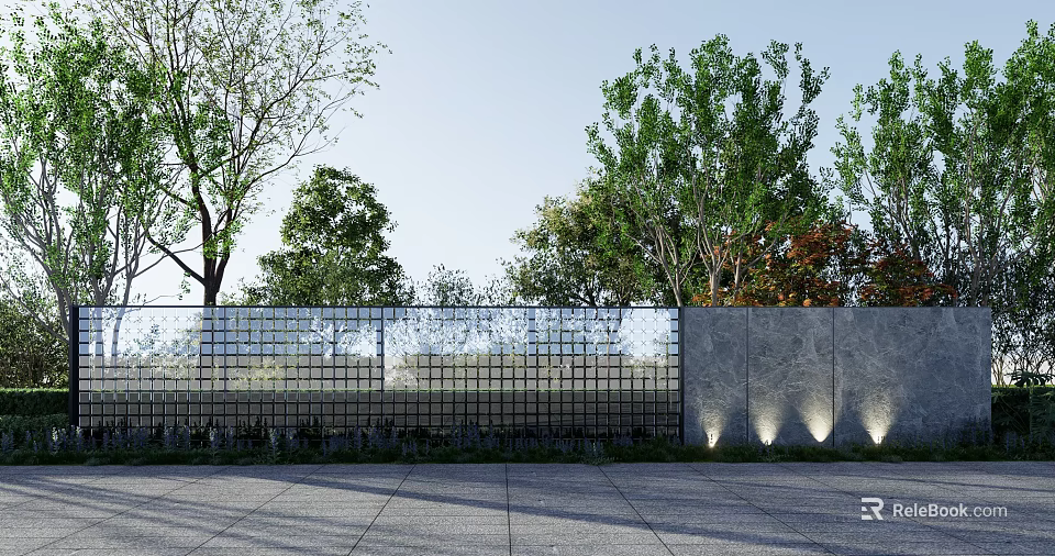 Scenic Feature Wall Design With Glass Panels Trees And Outdoor Lighting 3d model 