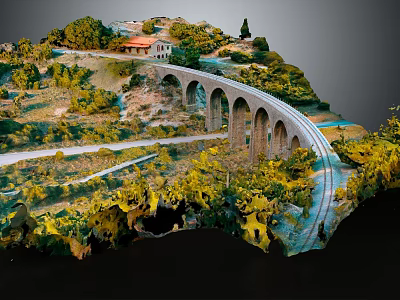 Miniature Hillside Landscape Model With Stone Viaduct Green Trees And Cottage House 3d model