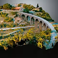 Miniature Hillside Landscape Model With Stone Viaduct Green Trees And Cottage House